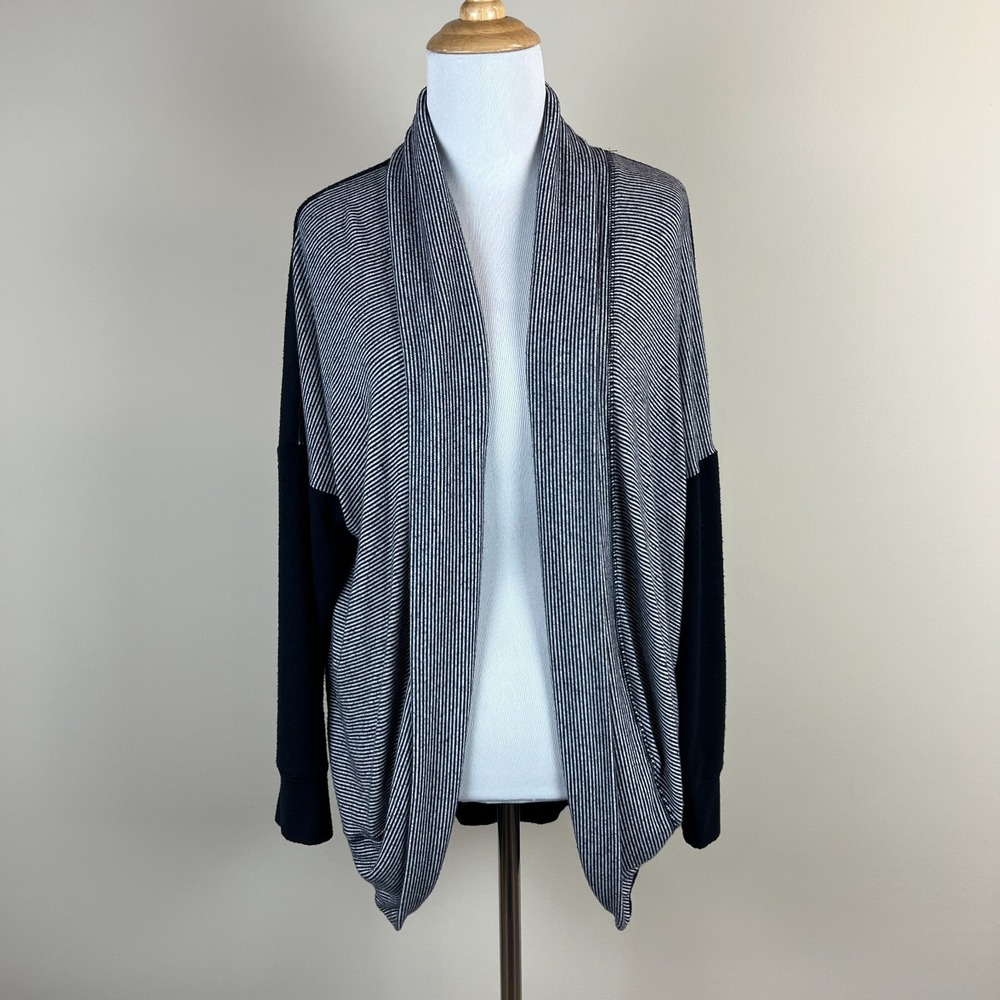 Sundry 2 Cardigan Sweater Womens Medium Navy Blue Stretch Knit Striped Open Cozy